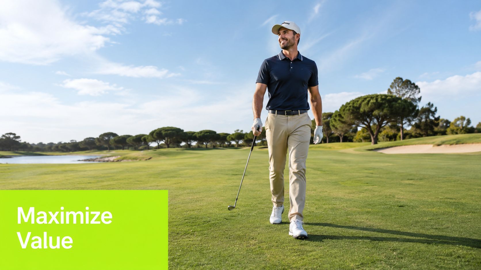 A professional golfer walking across a green golf course under a clear blue sky on a sunny day.