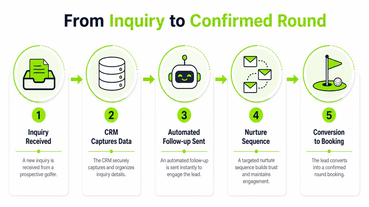 A five-step process diagram illustrating how a golfer inquiry converts into a confirmed booking.
