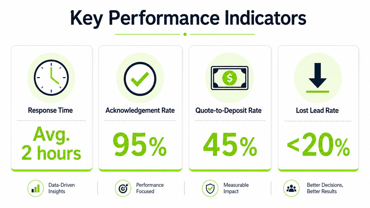 An infographic displaying four business Key Performance Indicators including response time, acknowledgement rate, quote-to-deposit rate, and lost lead rate.