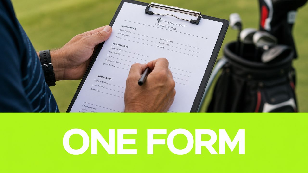 A person filling out a Focused Society golf booking form on a clipboard outdoors.