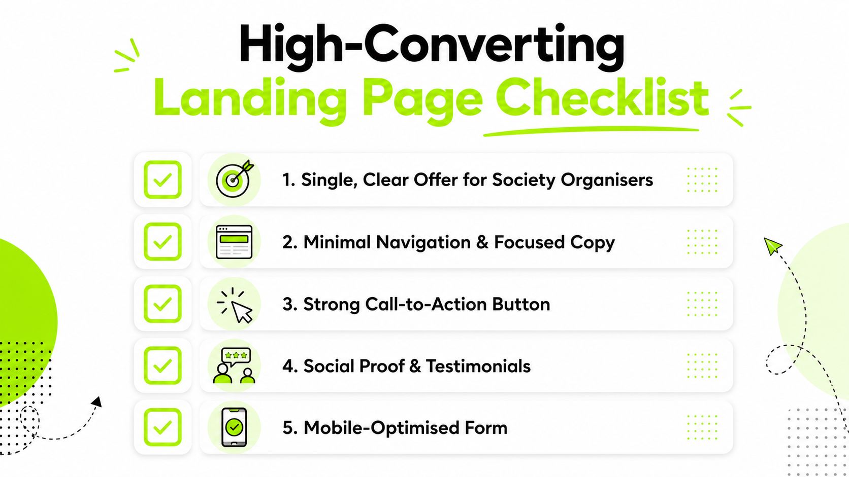 A checklist graphic titled High-Converting Landing Page Checklist for society organisers featuring five essential marketing steps.