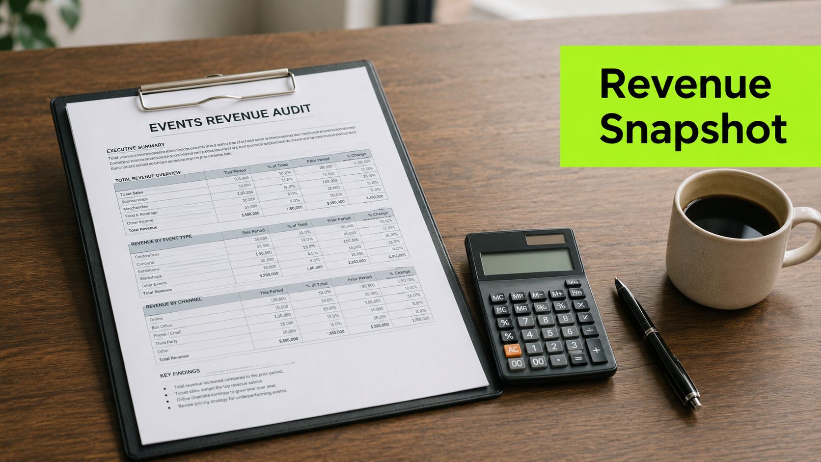 A clipboard with a revenue audit document sits on a wooden desk next to a calculator and coffee.