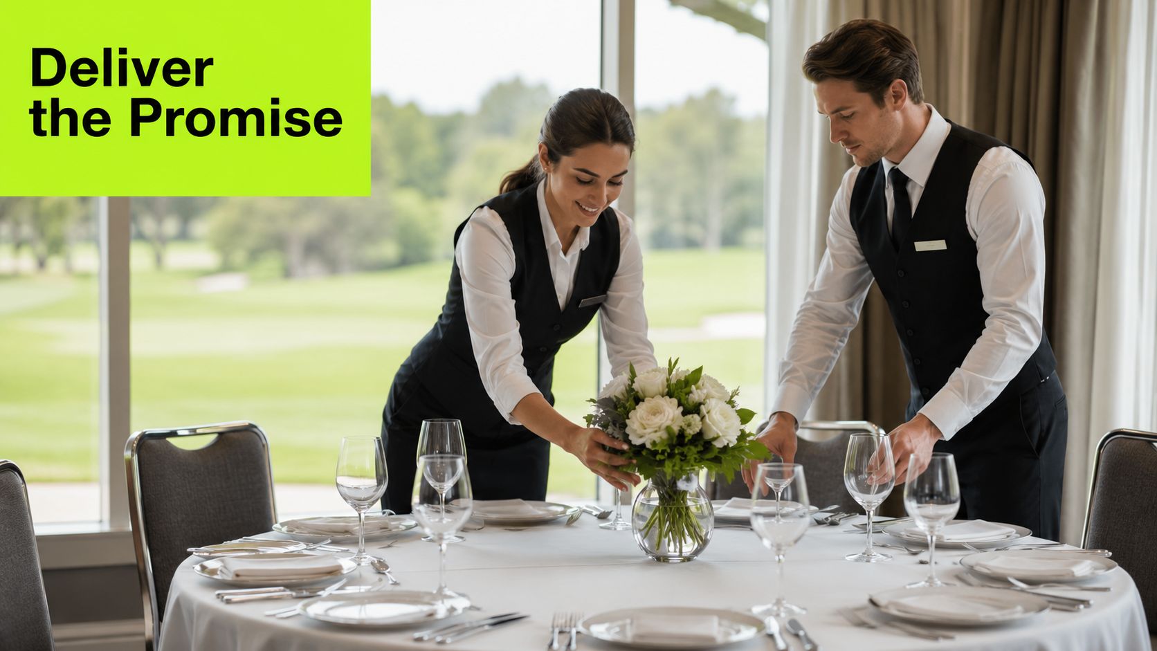 A professional man and woman in formal uniforms preparing a dining table at a golf club venue.