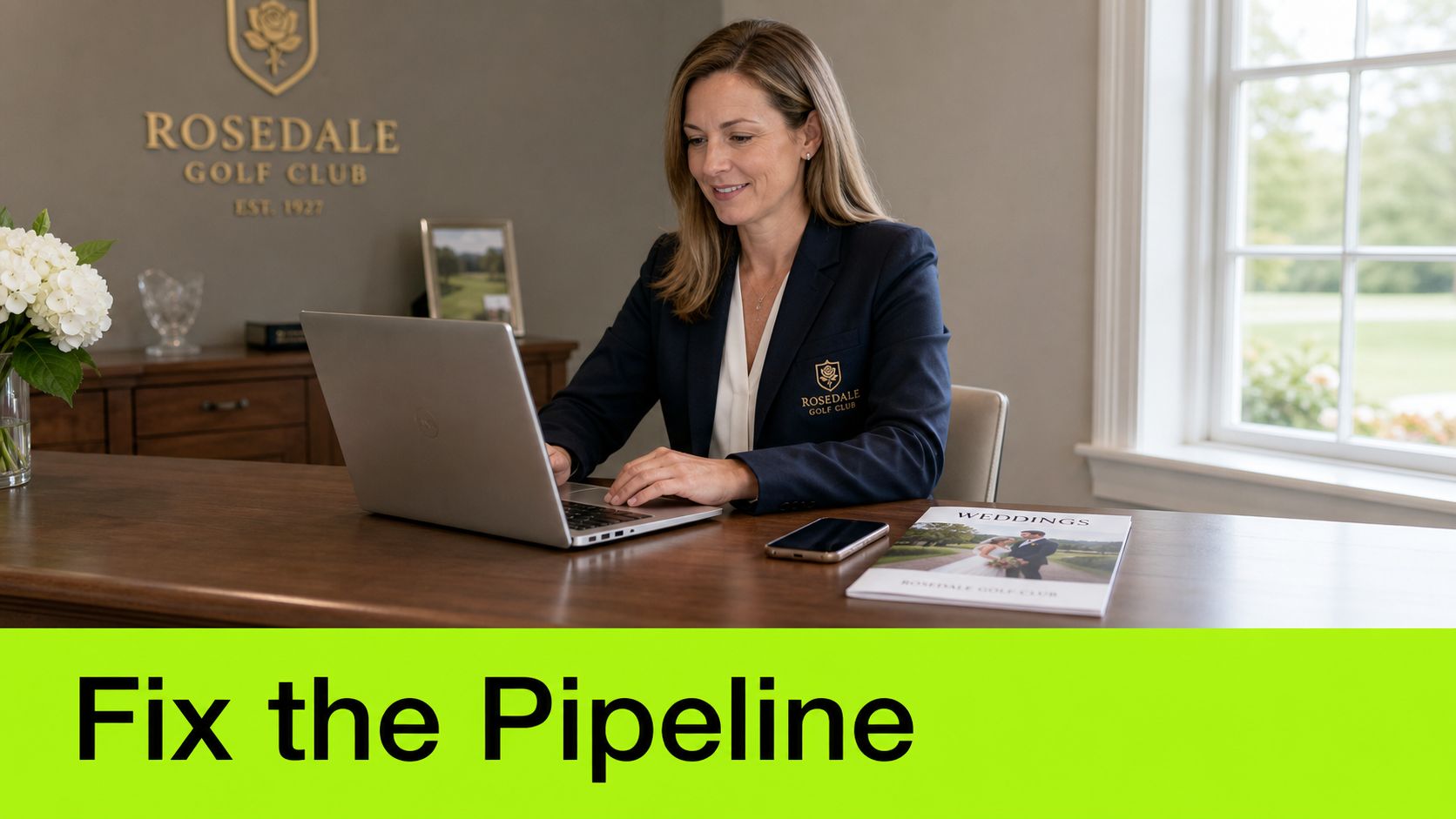 A professional woman in a blazer works at a desk in the Rosedale Golf Club office.
