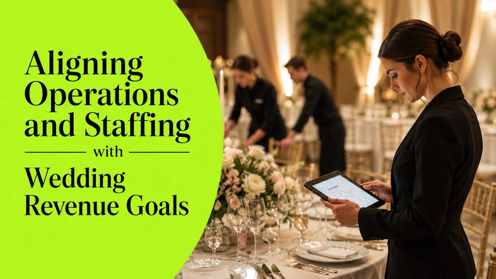 A professional event planner checks a digital tablet in a luxury wedding ballroom with event staff.