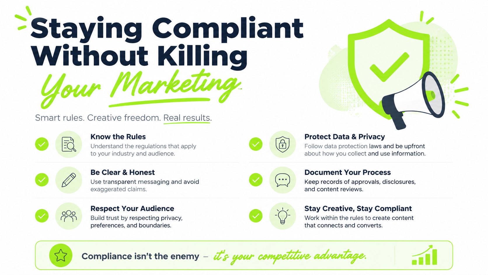 A marketing guide highlighting tips to maintain regulatory compliance while still achieving creative and effective results.