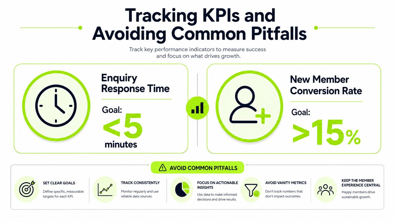 An infographic displaying two key performance indicators for business growth and five tips for avoiding common KPI pitfalls.