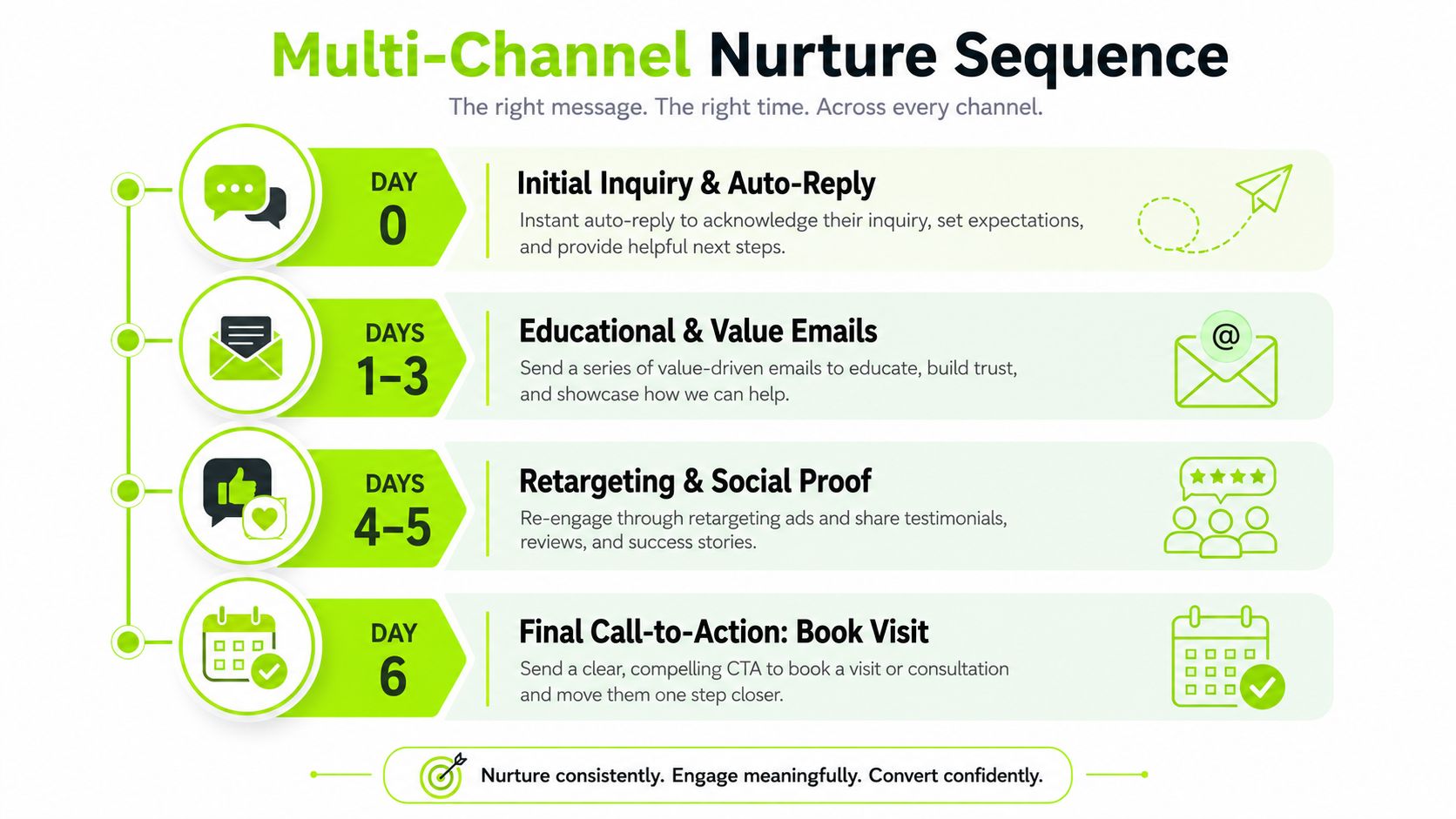 A multi-channel nurture sequence infographic showing a step-by-step marketing strategy from day zero to day six.