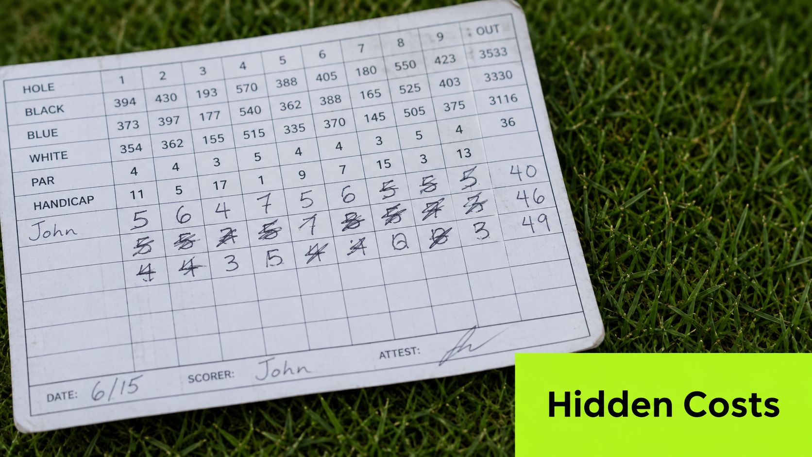 A close-up view of a filled-in golf scorecard resting on lush green grass during a game.