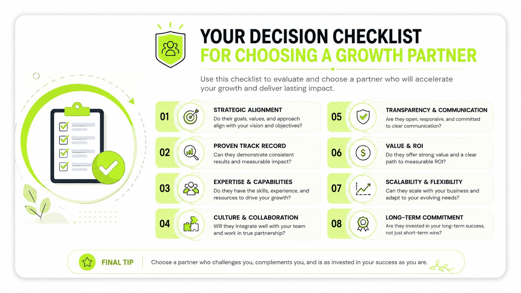 A checklist infographic titled Your Decision Checklist for Choosing a Growth Partner with eight evaluation criteria points.
