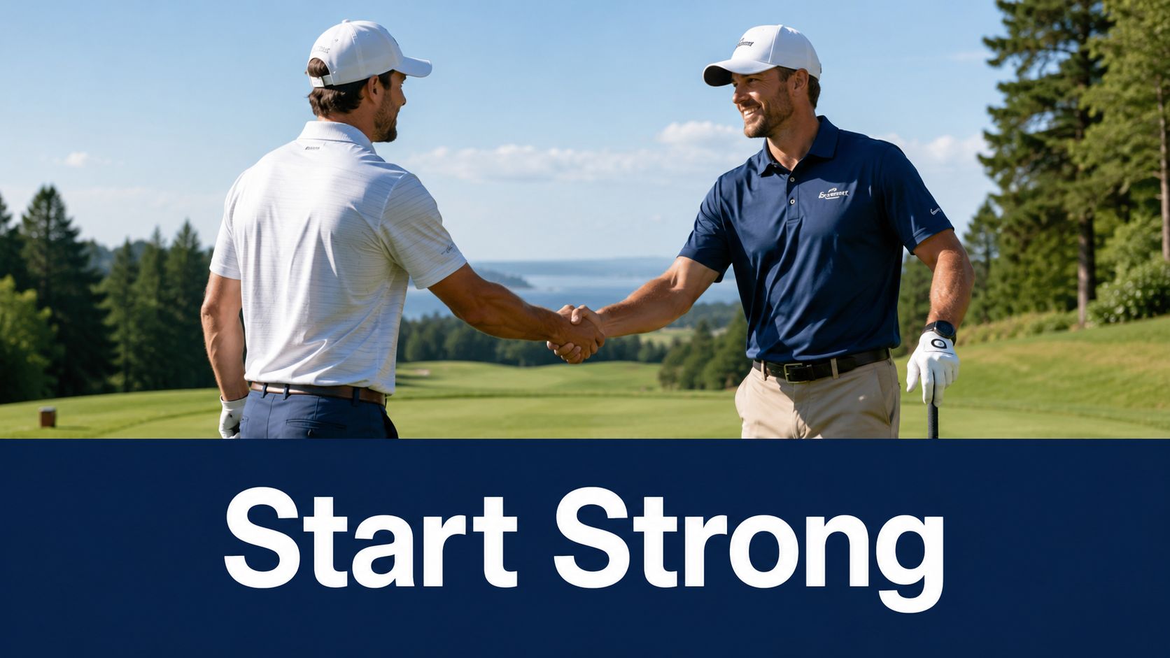Two golfers wearing caps and polo shirts shaking hands on a scenic green golf course.
