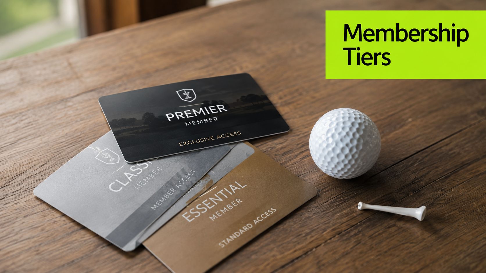 Three golf club membership cards displayed on a wooden surface next to a golf ball and tee.