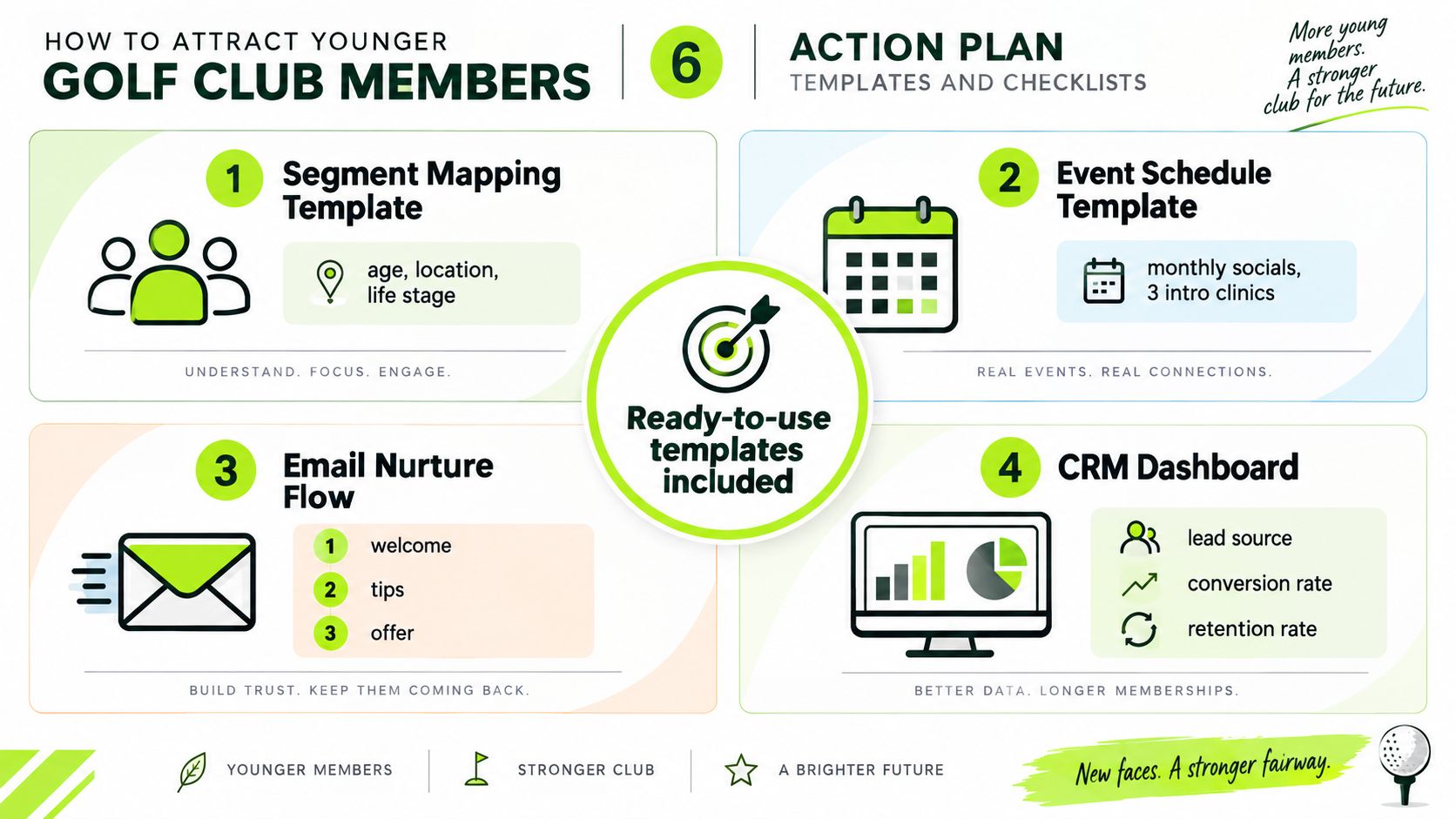 An infographic titled How to Attract Younger Golf Club Members showing a 4-step action plan with templates.