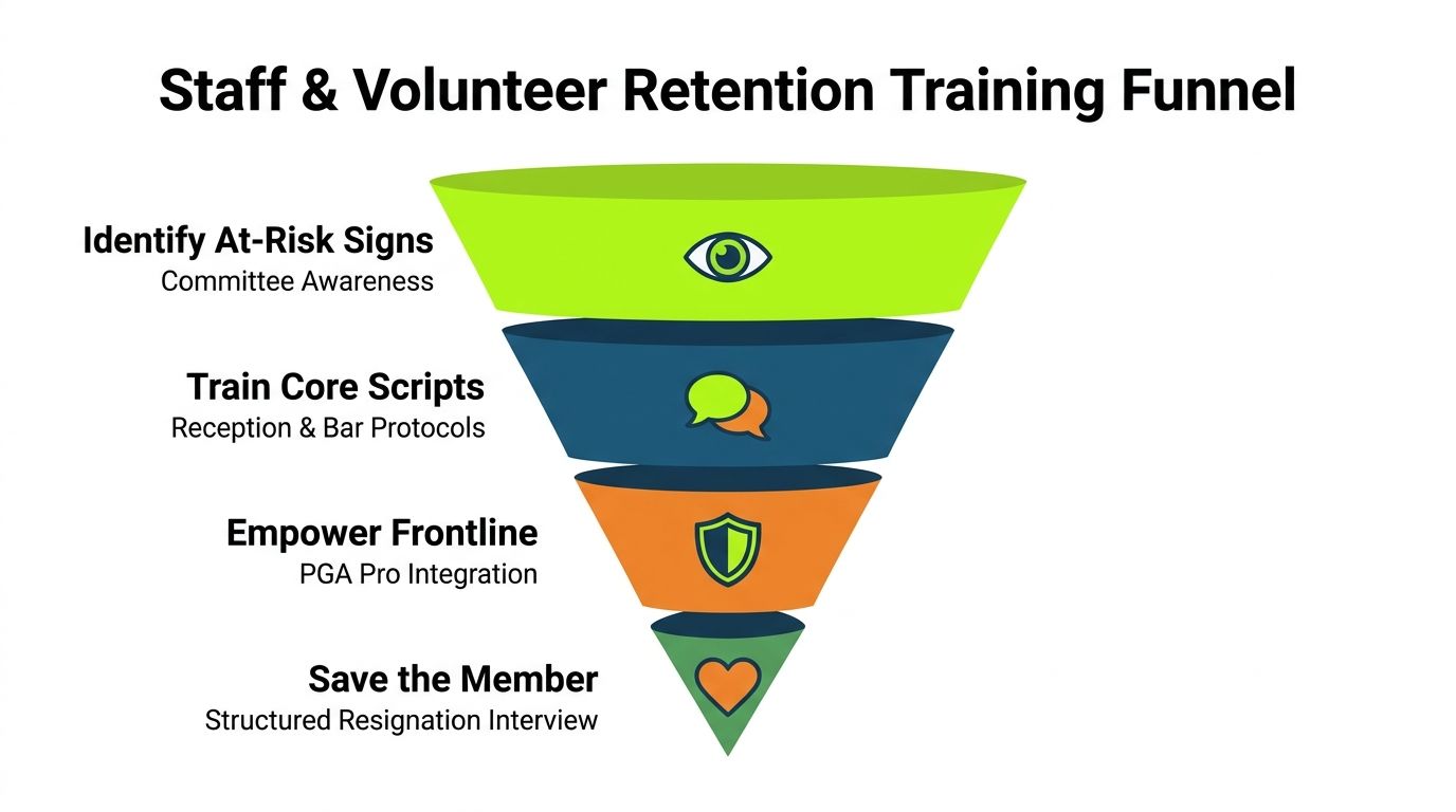 A four-stage funnel diagram illustrating strategies for staff and volunteer golf club membership retention training.