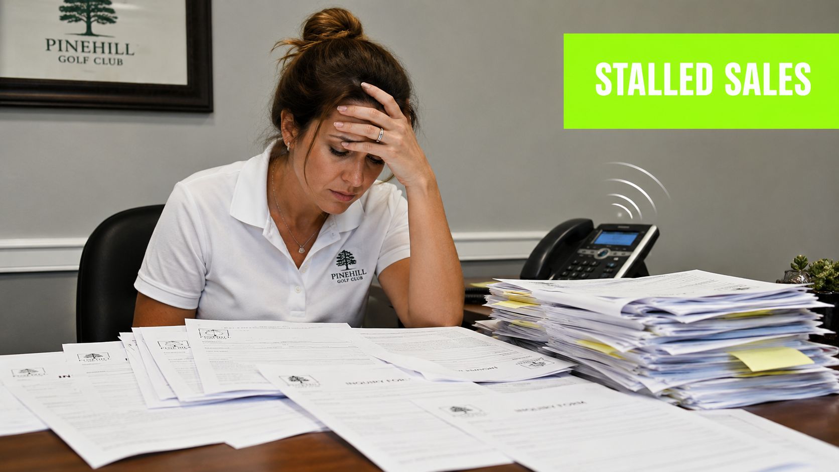 A stressed woman sitting at an office desk overwhelmed by a large stack of paperwork and documents.