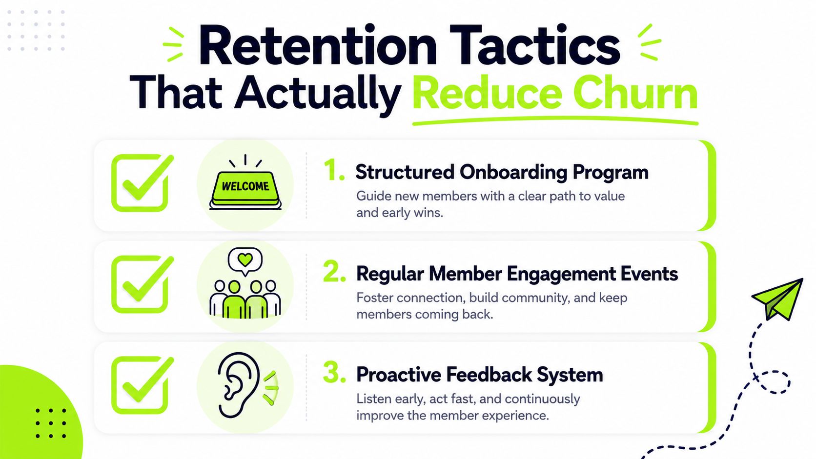 A graphic listing three retention tactics including structured onboarding, member engagement events, and a proactive feedback system.