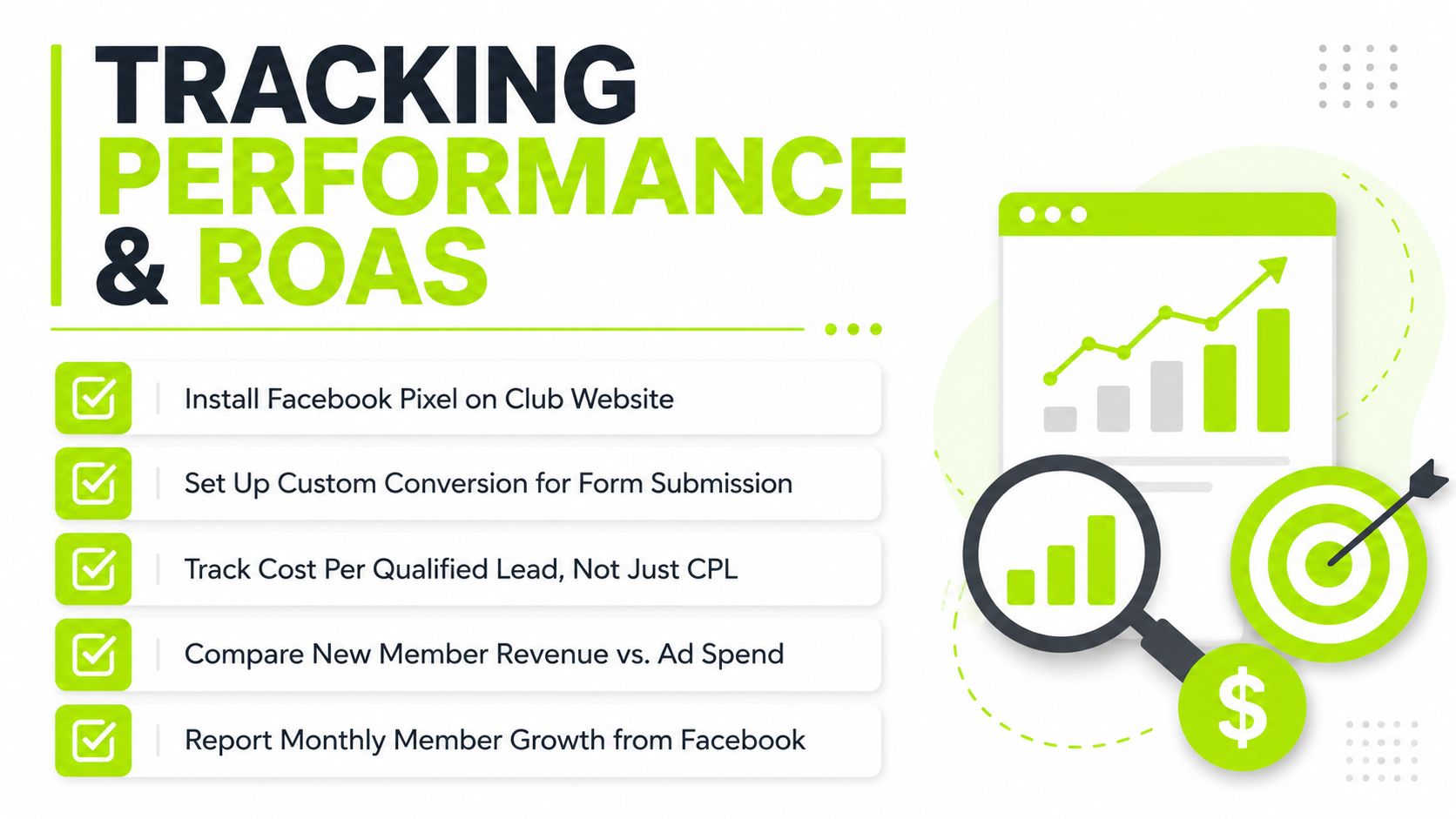 An infographic detailing five key steps to track Facebook ad performance and ROAS for club membership marketing.