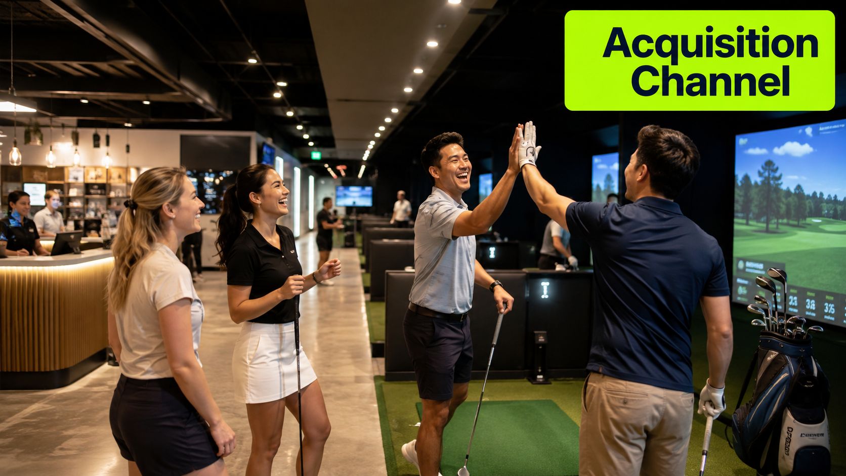 A group of friends laughing and high-fiving while playing at an indoor golf facility together.