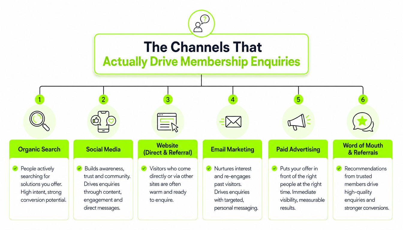 A flowchart infographic outlining six key digital marketing channels that effectively drive new membership enquiries for businesses.