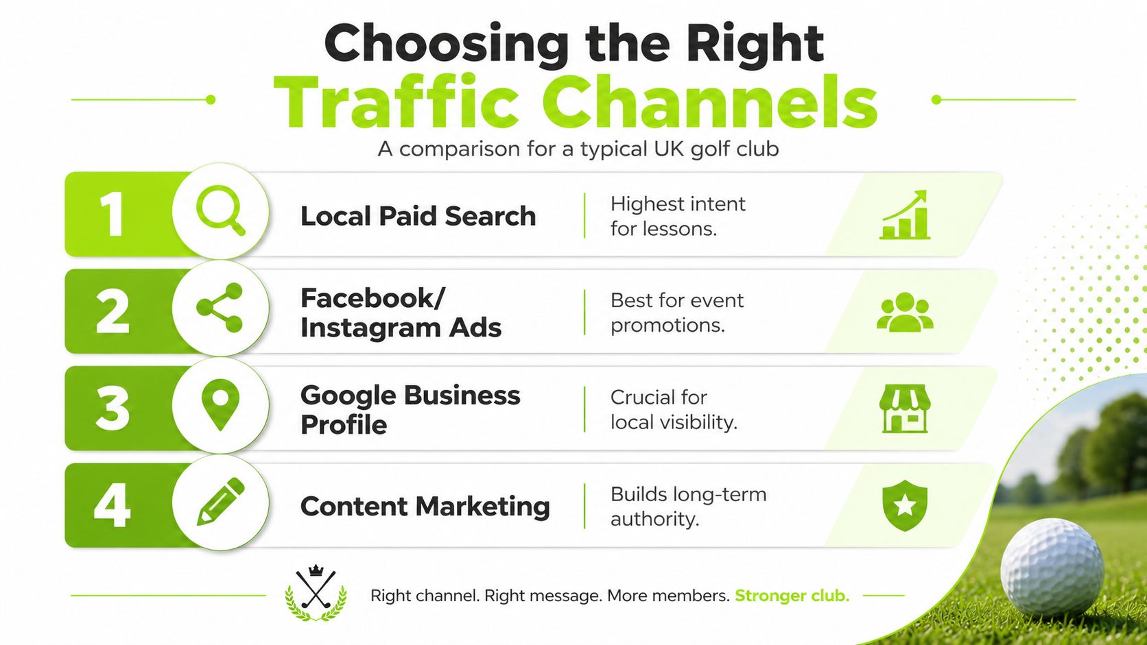 An infographic showing four recommended traffic channels for UK golf club lead generation and marketing success.