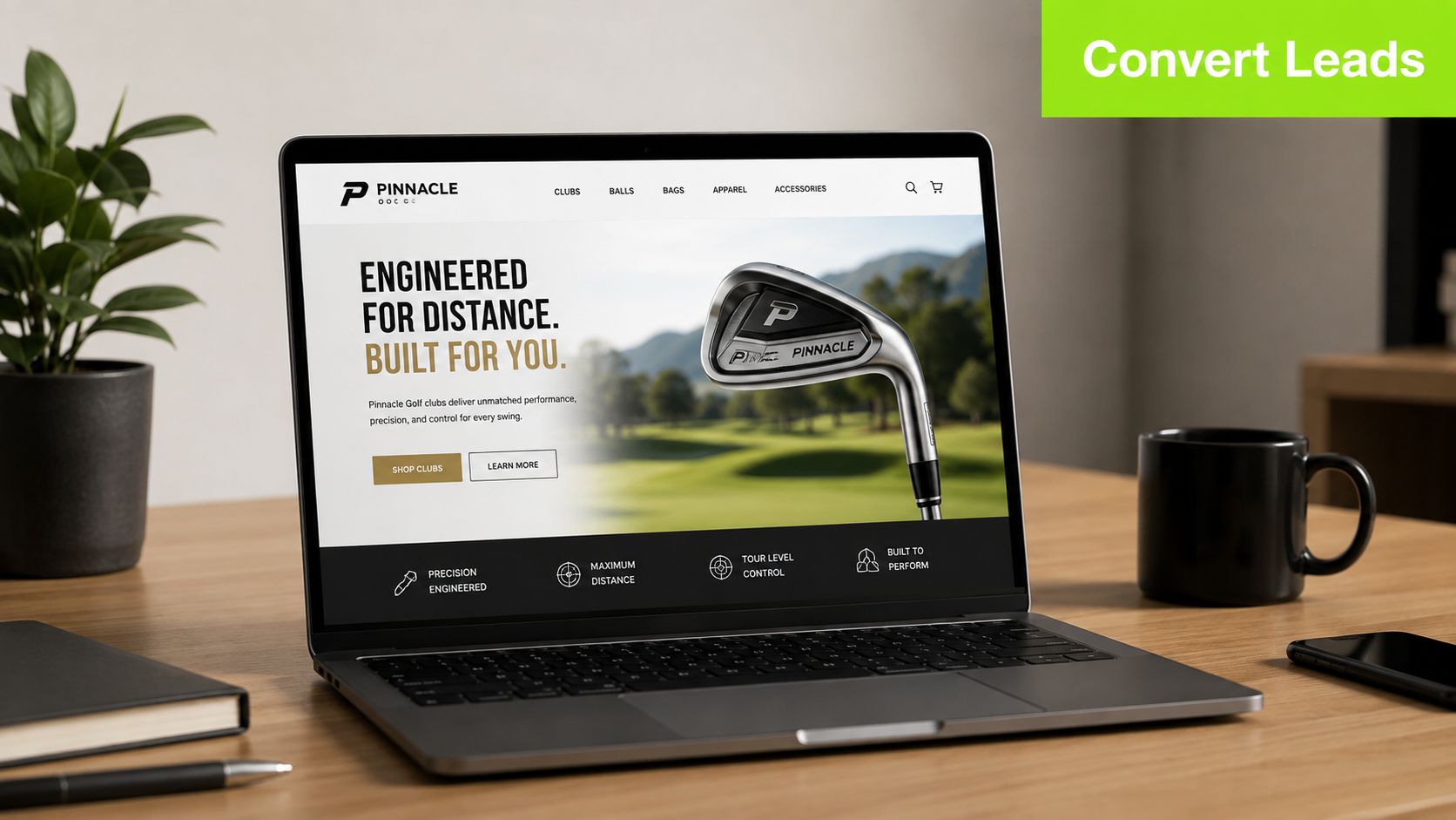 A laptop on a wooden desk displaying the Pinnacle Golf website homepage featuring high-performance golf clubs.