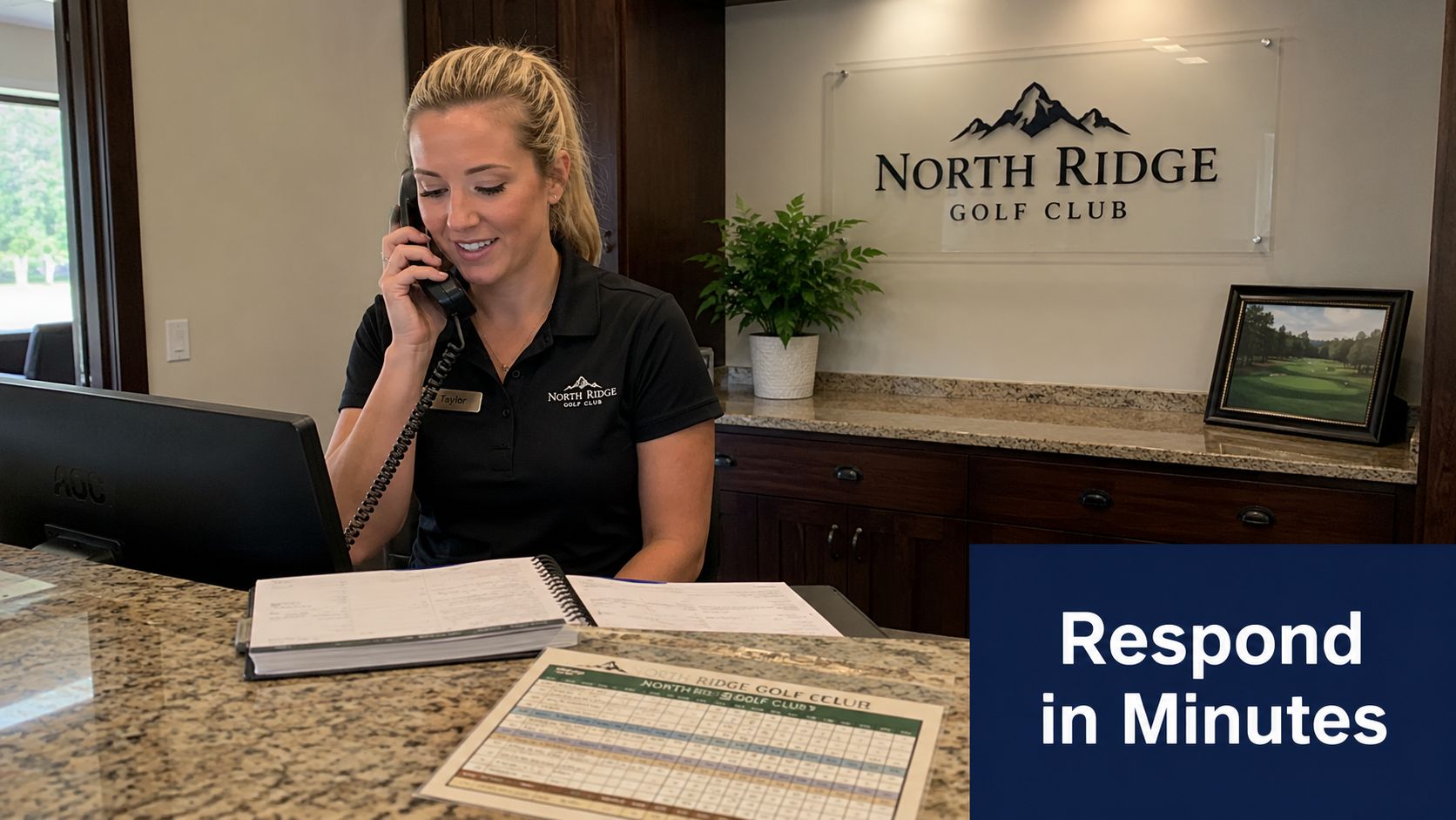 A professional receptionist at North Ridge Golf Club answering a phone call at the front desk.