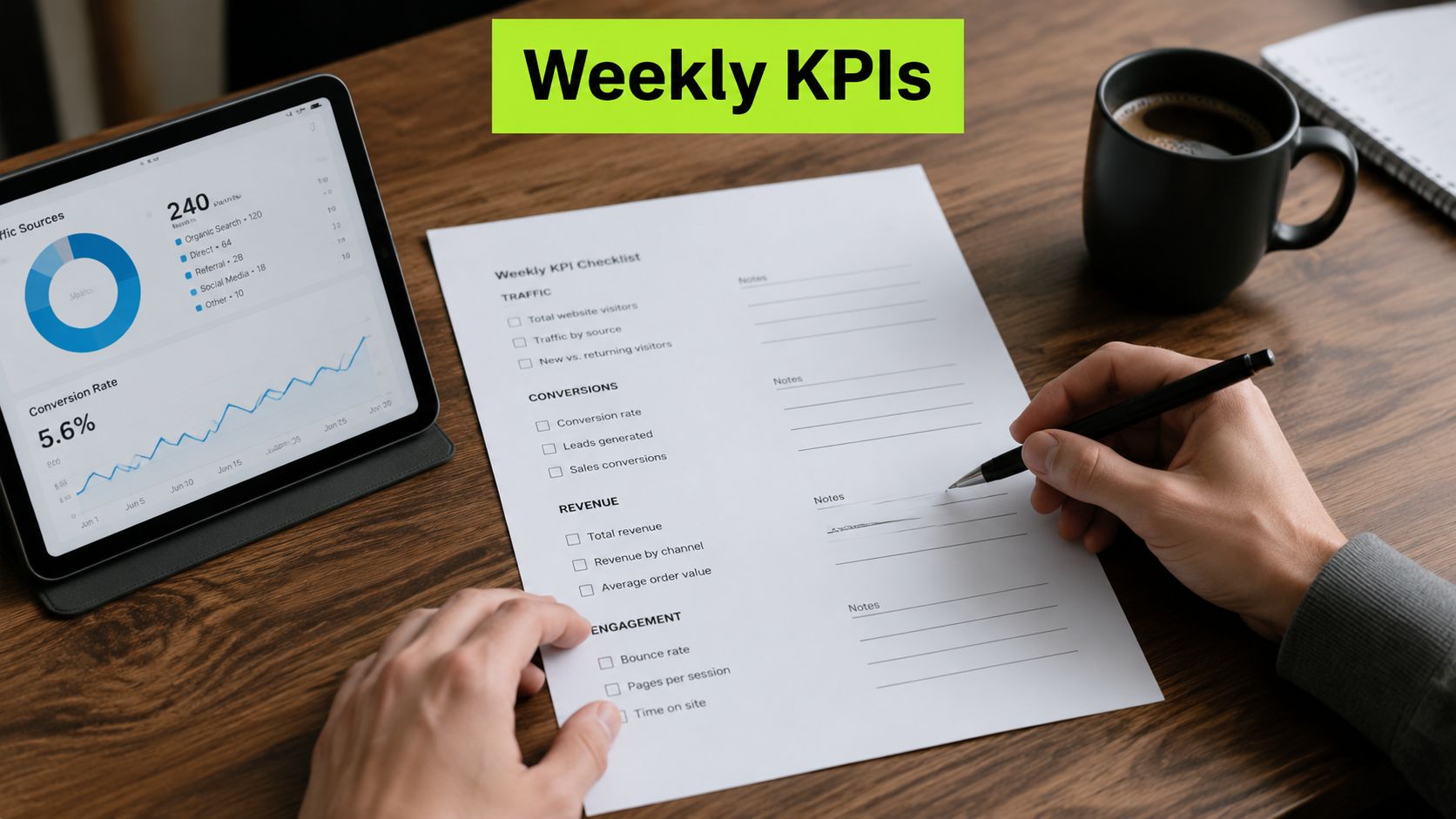 A person filling out a Weekly KPI checklist on a wooden table next to a digital tablet.