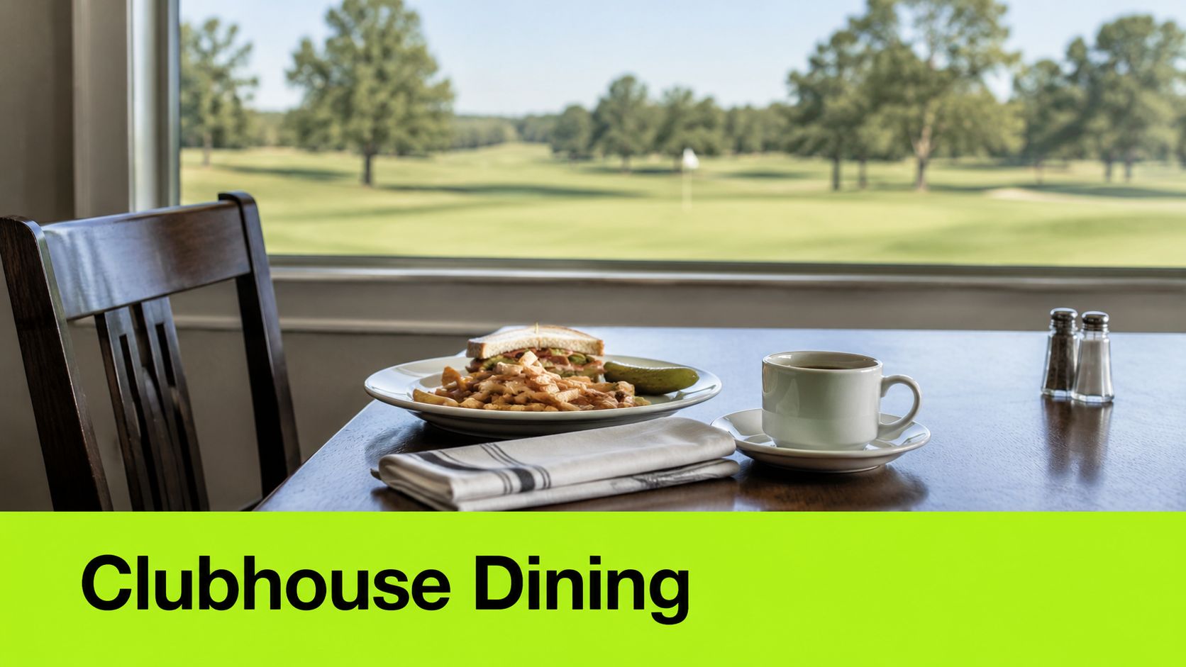 A plate with a sandwich and fries beside a cup of coffee at a clubhouse overlooking golf course.