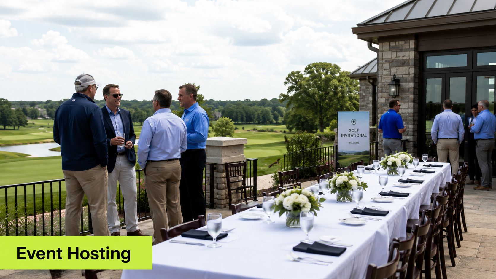 A group of professionals socialize on a patio overlooking a scenic golf course during an outdoor event.
