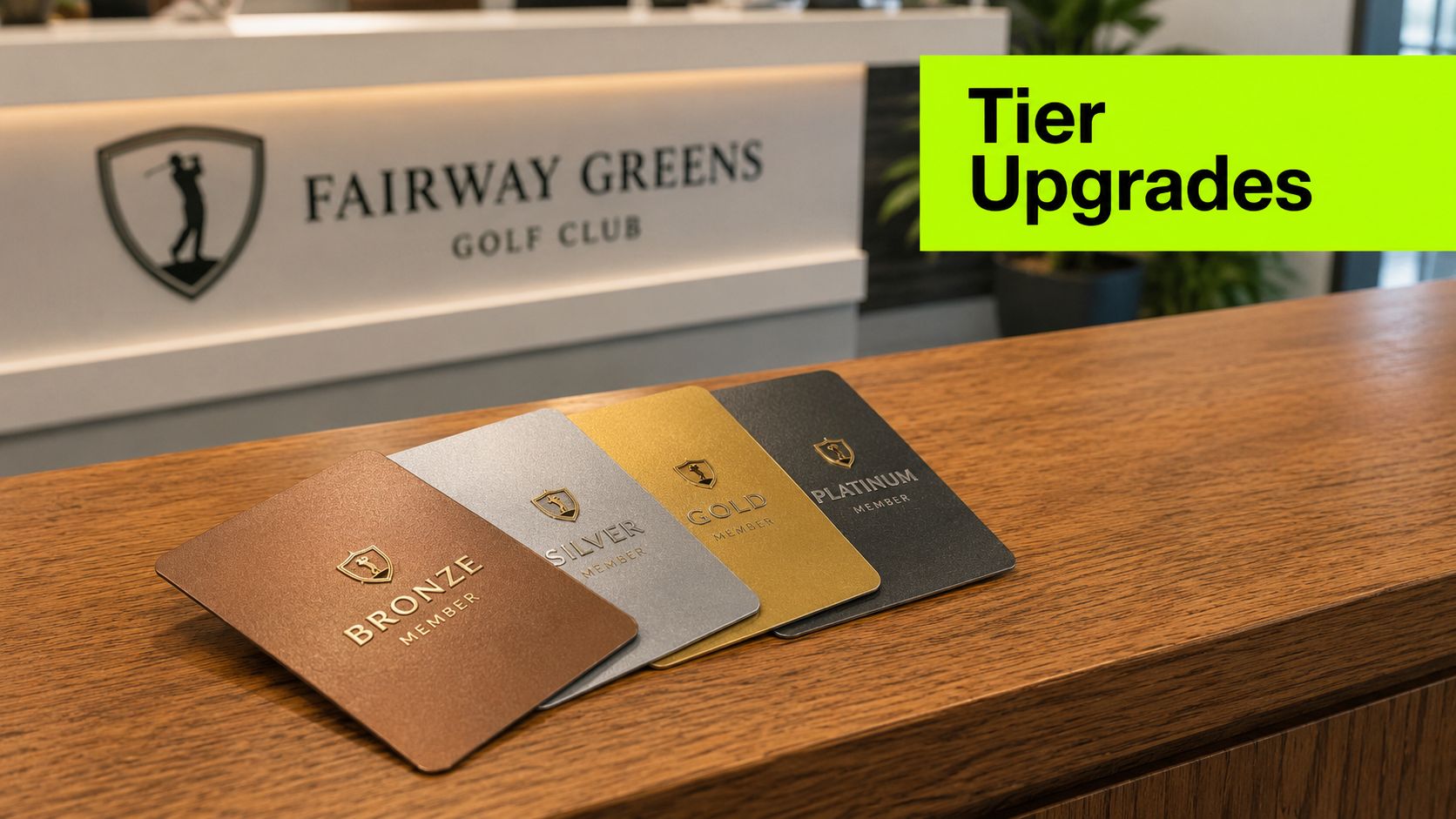 A set of four metal membership cards for Fairway Greens Golf Club arranged on a wooden desk.