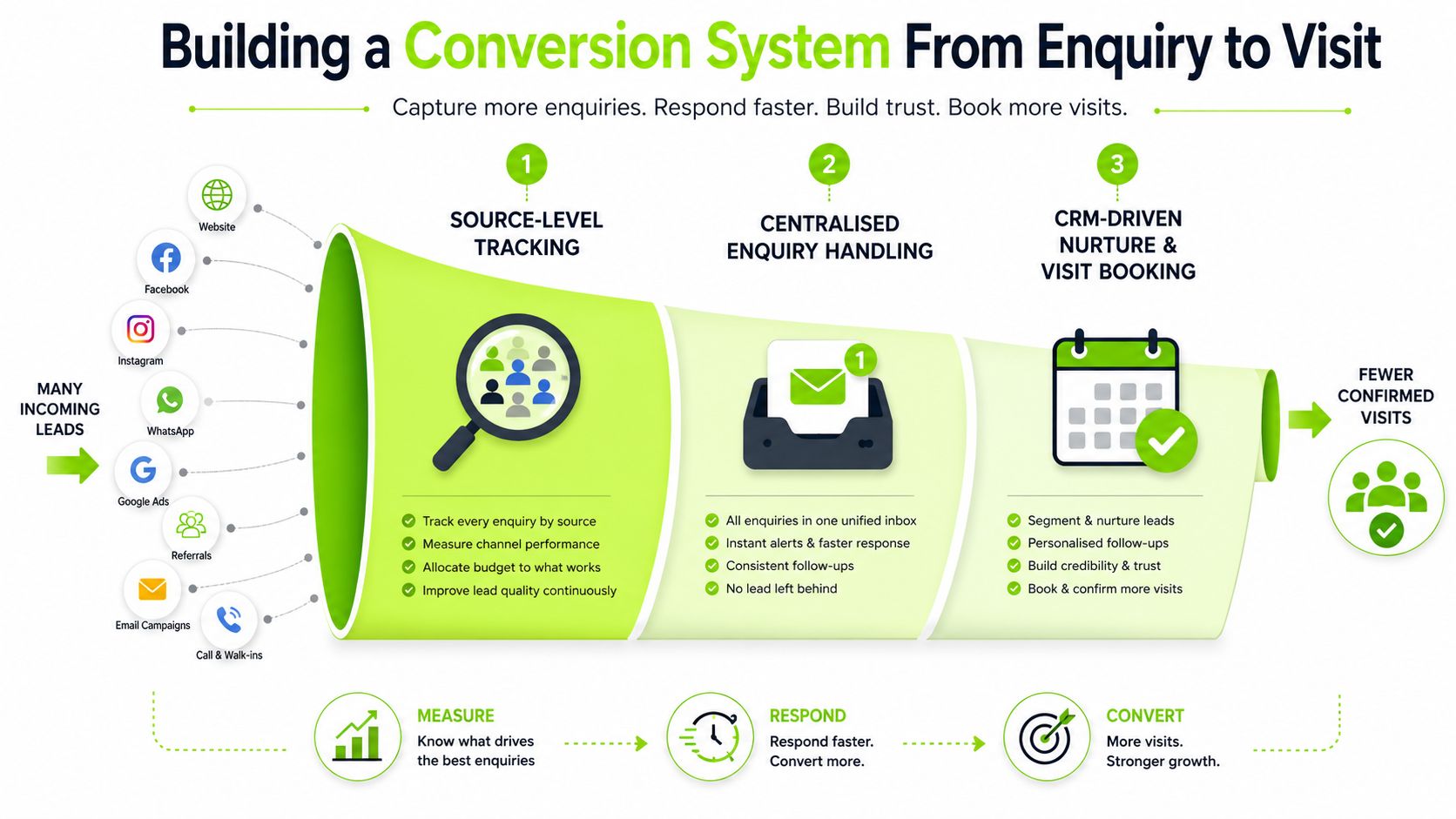 A funnel diagram illustrating a business conversion system from tracking incoming leads to booking confirmed visits.
