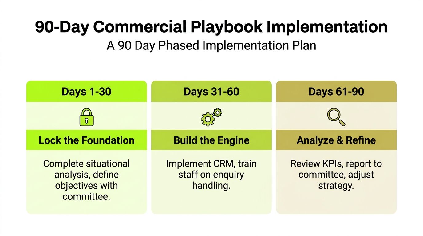 A 90-day commercial playbook implementation plan divided into three phases for business strategy and operational success.