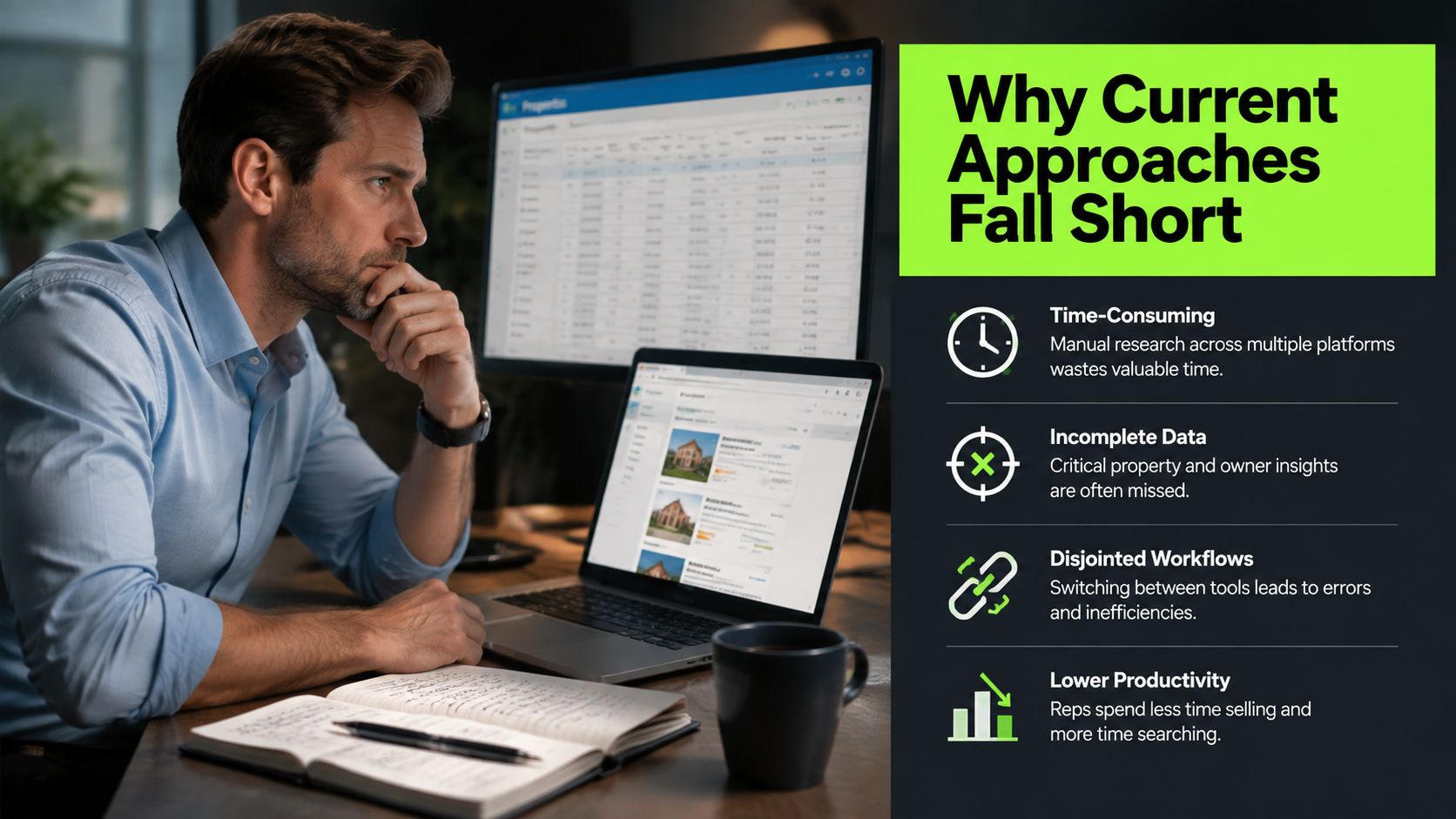 A professional man looking thoughtfully at computer screens, highlighting common workplace inefficiencies and data management challenges.