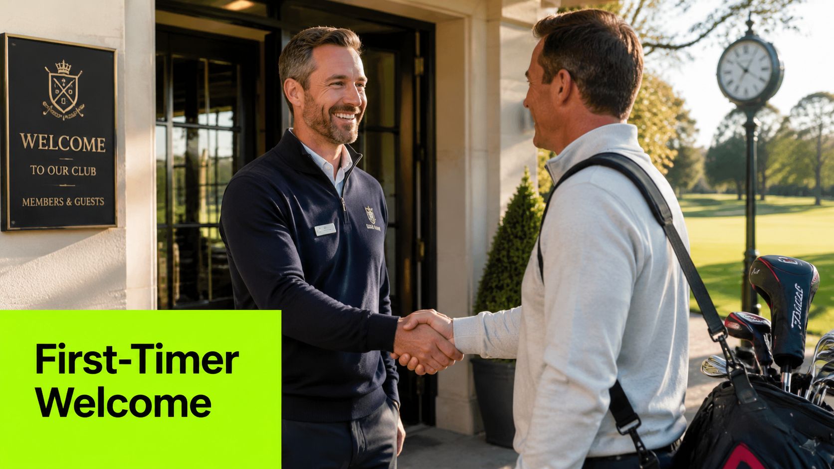A friendly club staff member shaking hands with a new golf society member arriving at the club