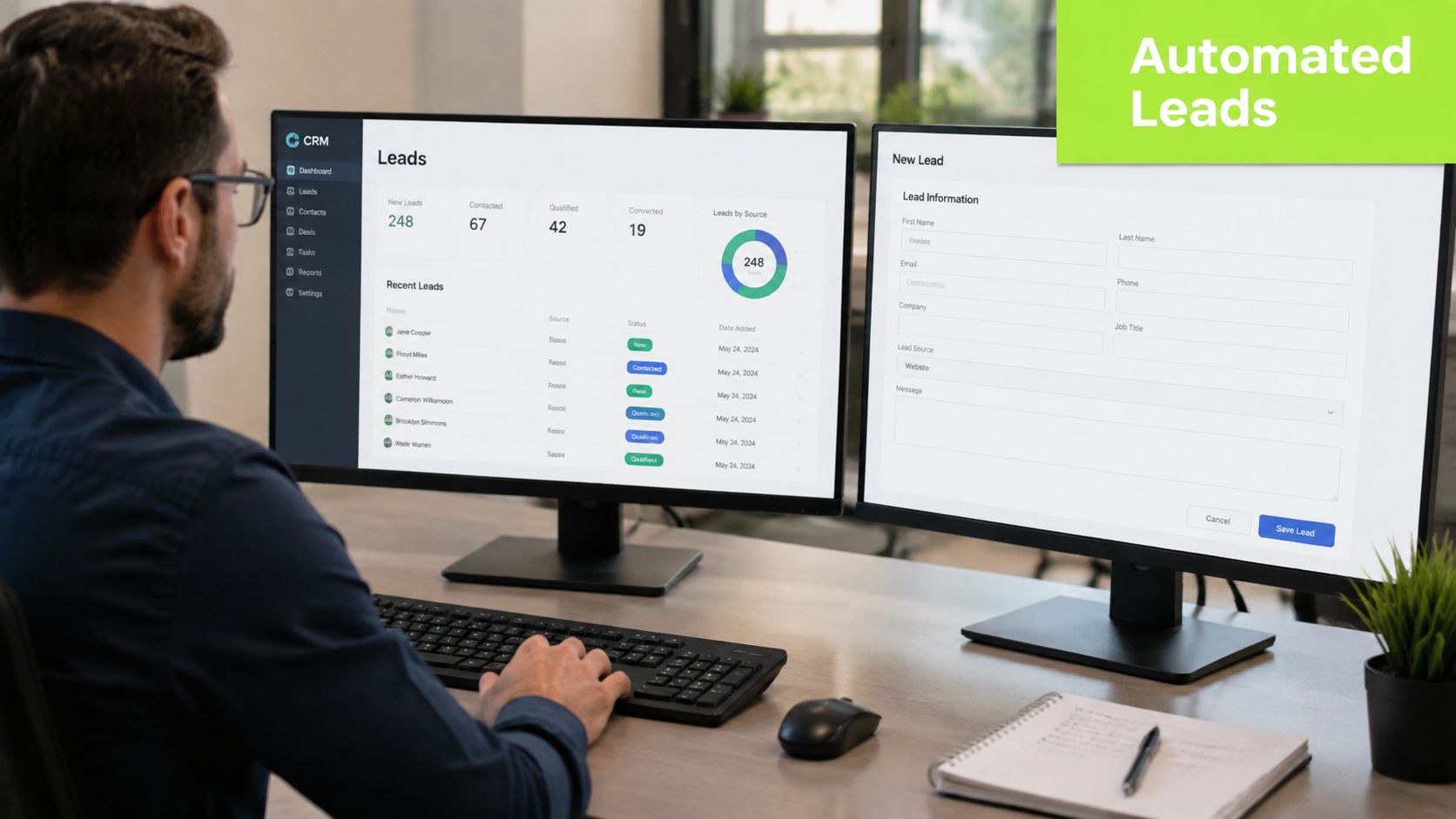 A professional man using two computer monitors to manage automated sales leads within a modern CRM software interface.