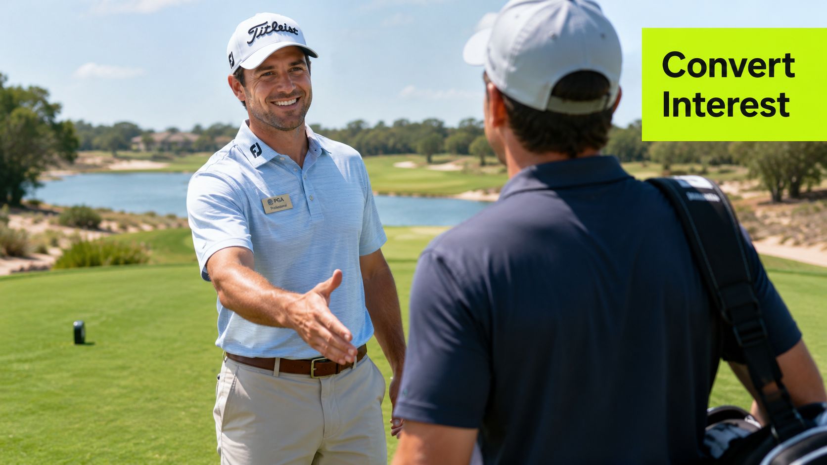 A professional golf instructor in a blue polo shirt shakes hands with a student on a golf course.