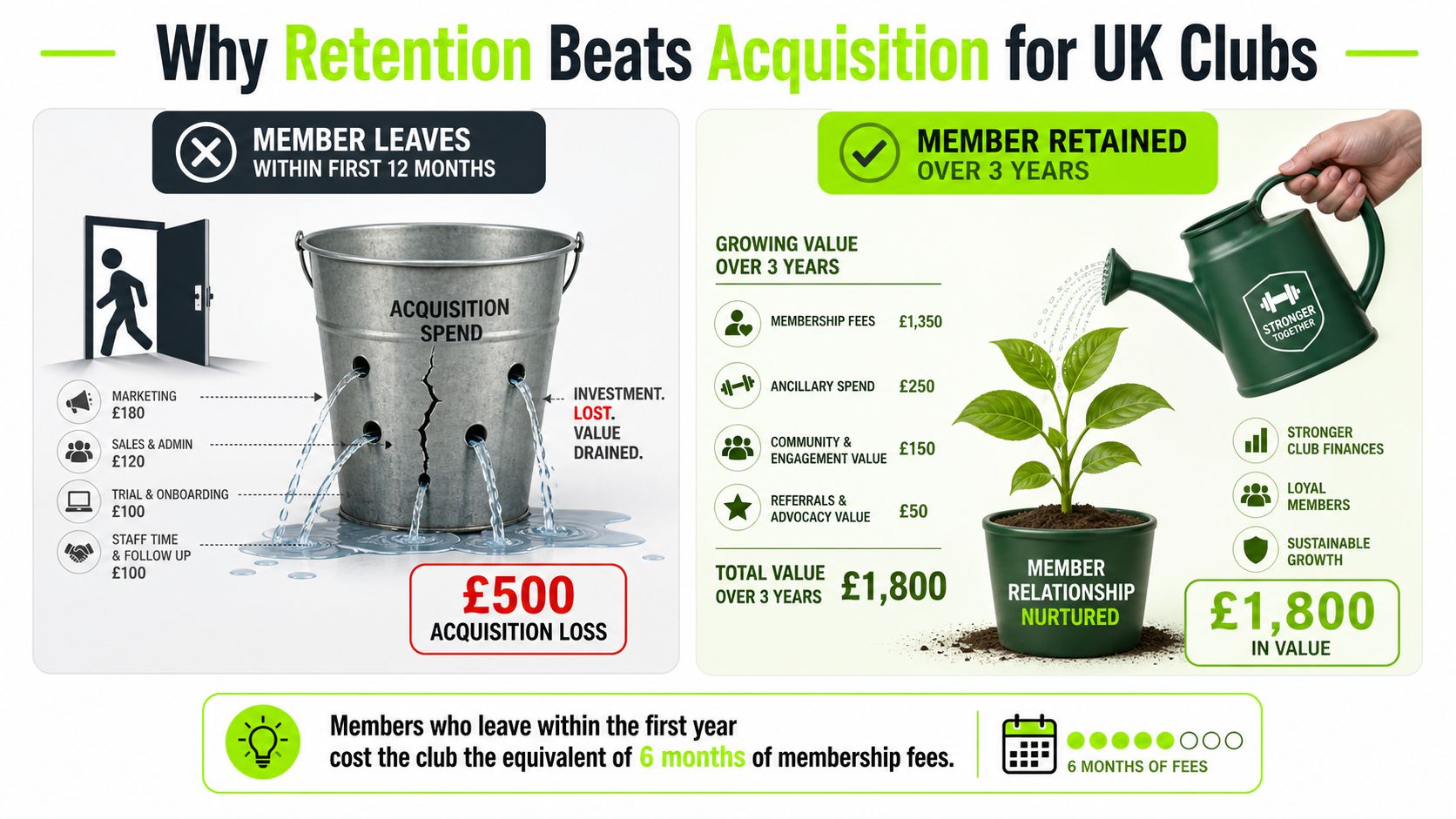An infographic comparing the financial loss of member acquisition versus the value of long-term customer retention.