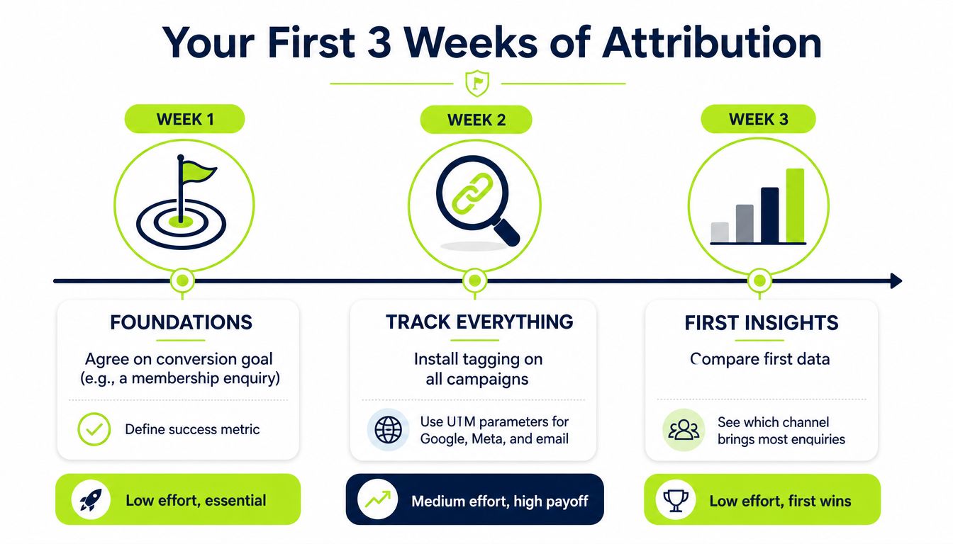 An infographic titled Your First 3 Weeks of Attribution outlining a three-step marketing tracking strategy for businesses.