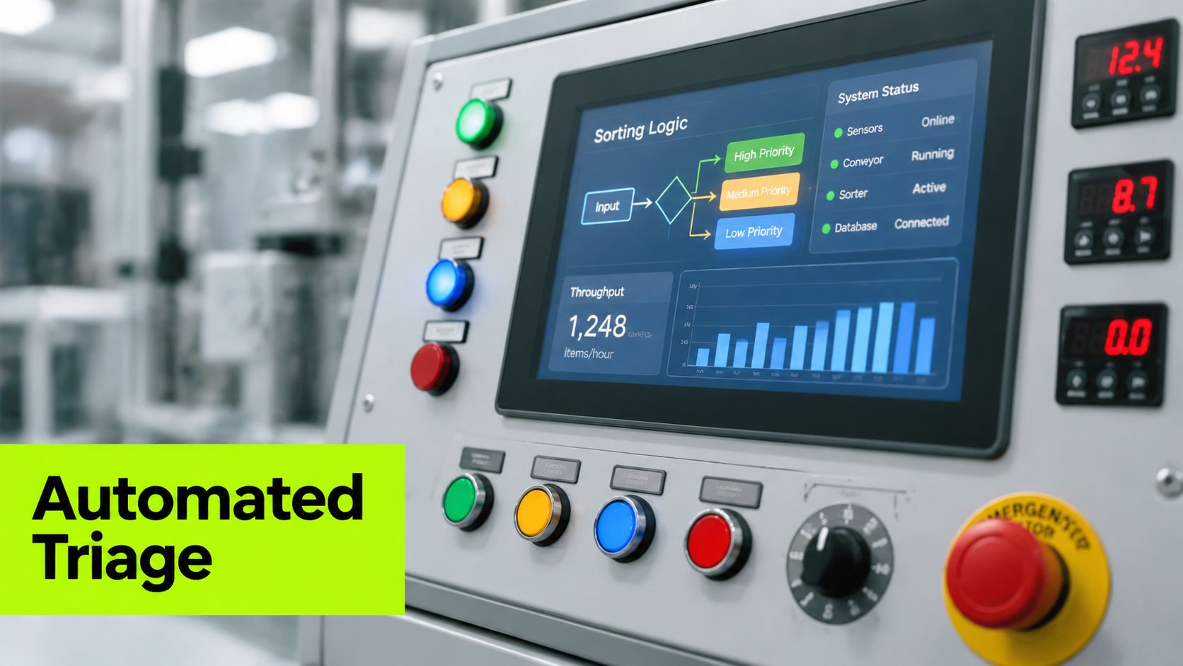 A close-up view of an industrial machine control panel displaying real-time sorting logic and system performance metrics.