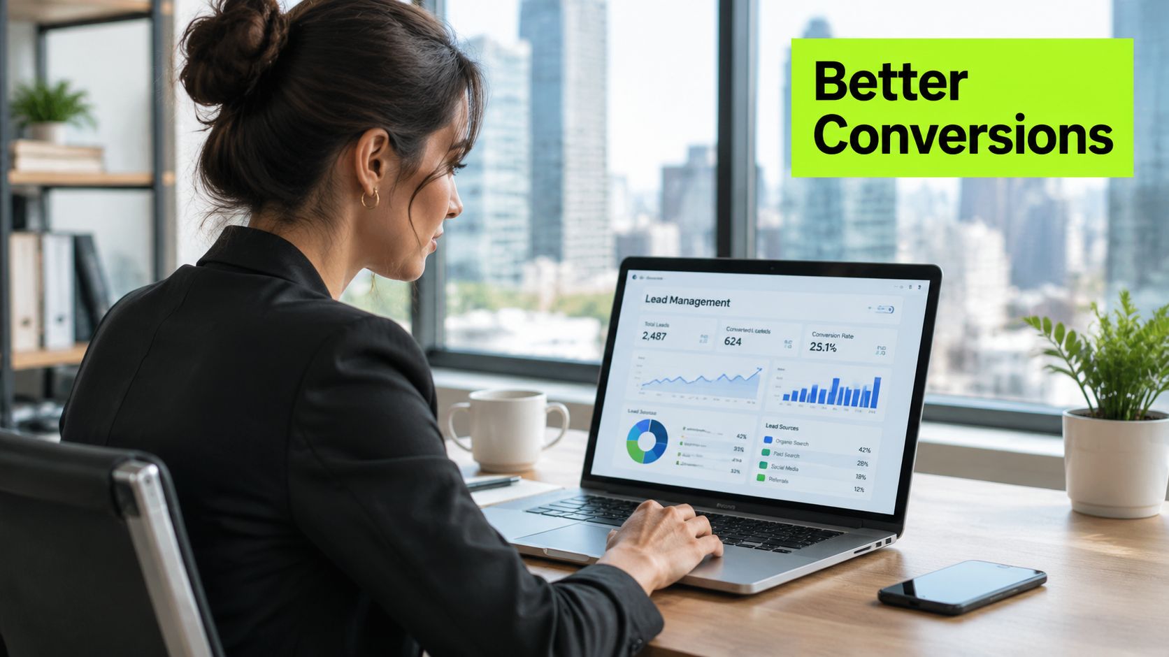 A professional woman working on a laptop analyzing lead management data in a modern office setting.