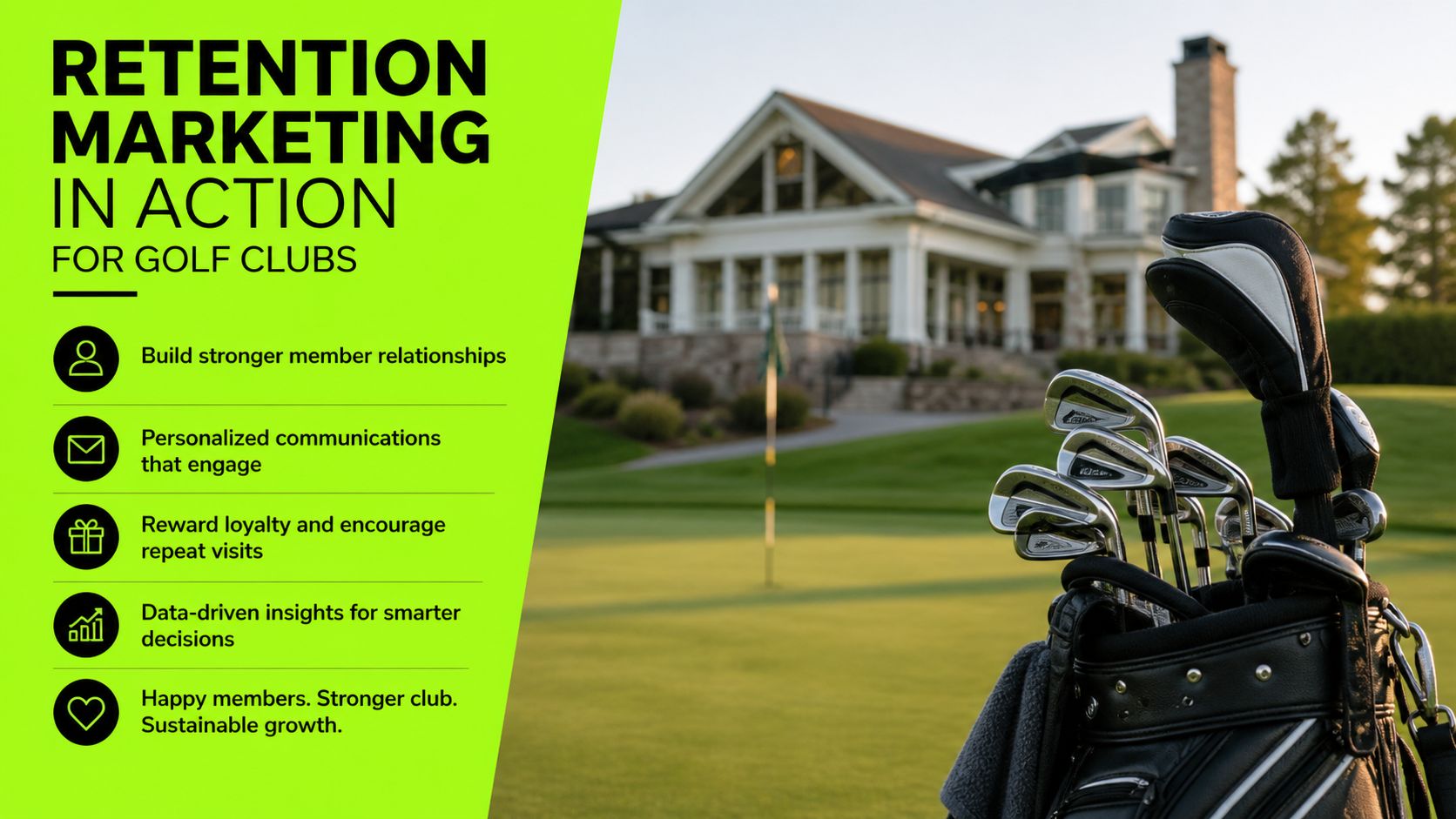 A marketing graphic for golf clubs featuring a golf bag in the foreground and a clubhouse background.