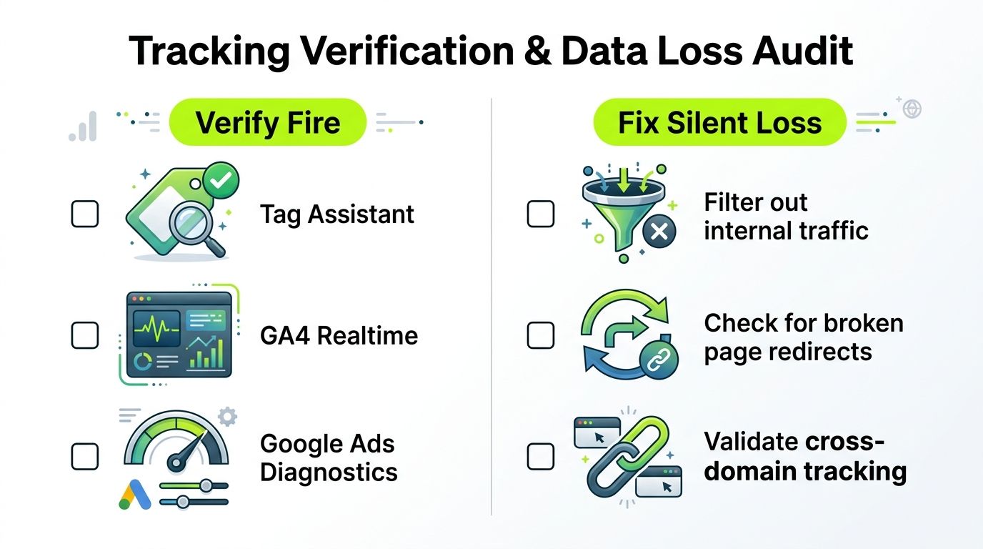 An infographic checklist for tracking verification and fixing data loss in digital analytics setup.