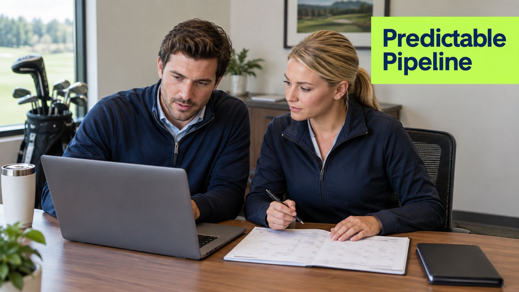 A professional man and woman working together on a laptop and calendar in a bright office.