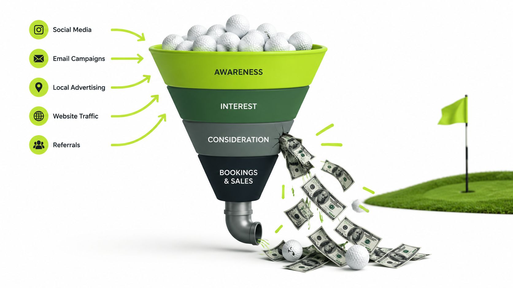 A 3D marketing funnel illustration showing business leads converting into revenue using golf themed imagery