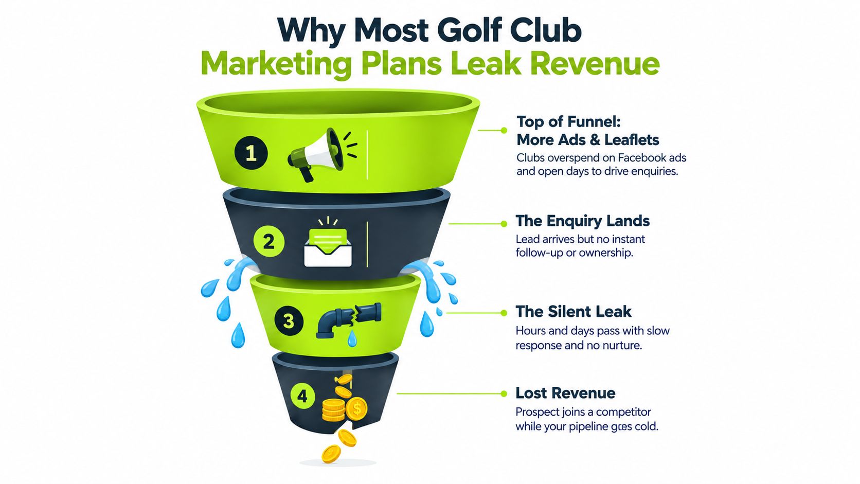 A funnel diagram illustrating how golf clubs lose potential revenue due to inefficient marketing and enquiry follow-up.