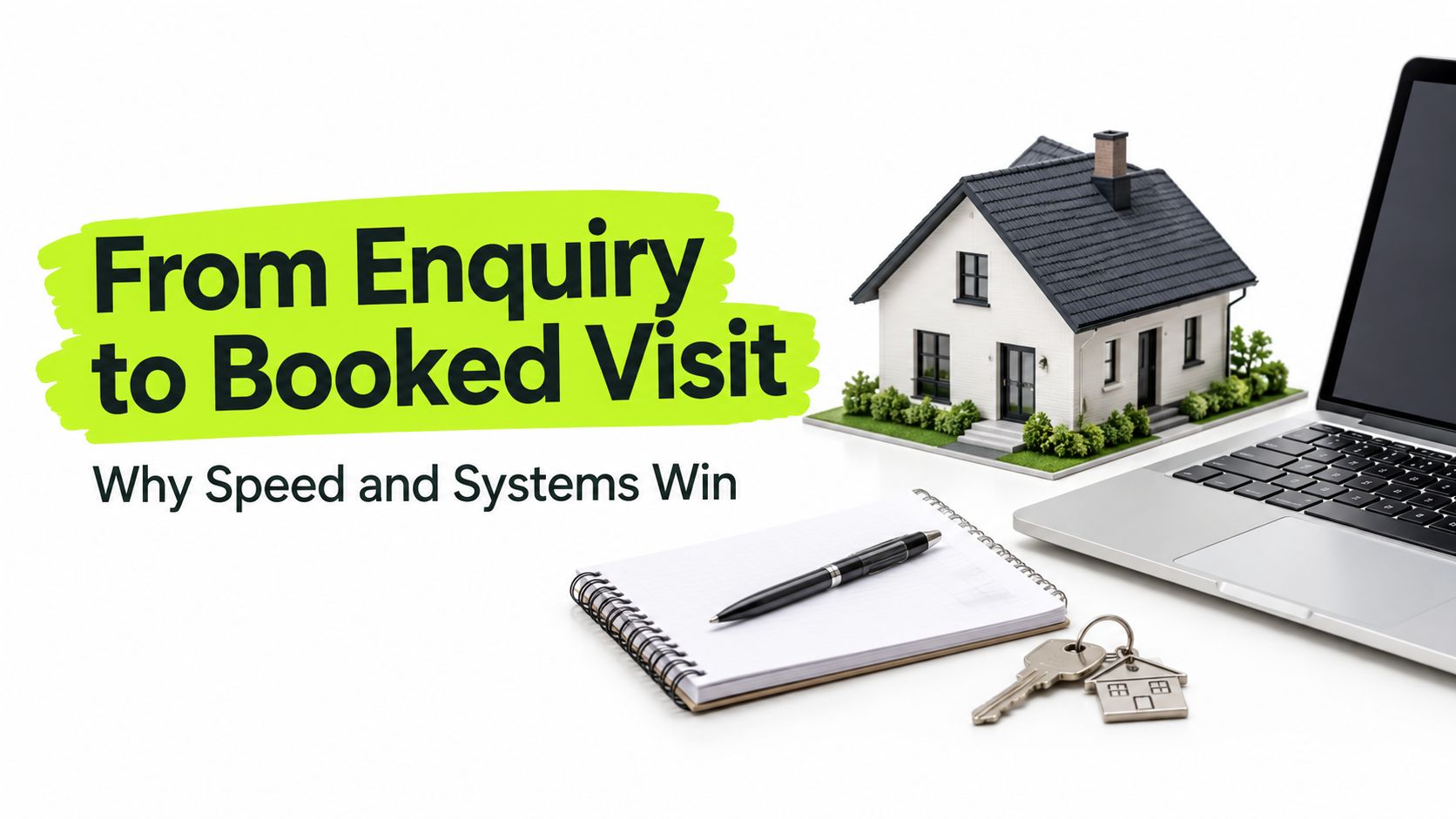A miniature house model, laptop, notebook, pen, and keys on a desk, representing property marketing processes.