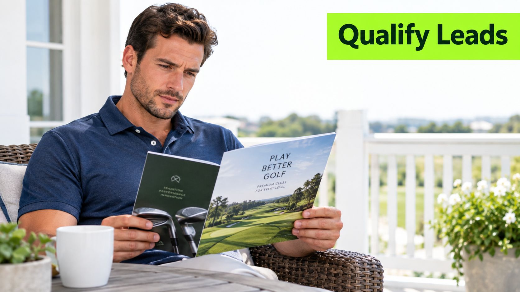 A man in a navy blue polo reading a golf instruction magazine on a sunny terrace.