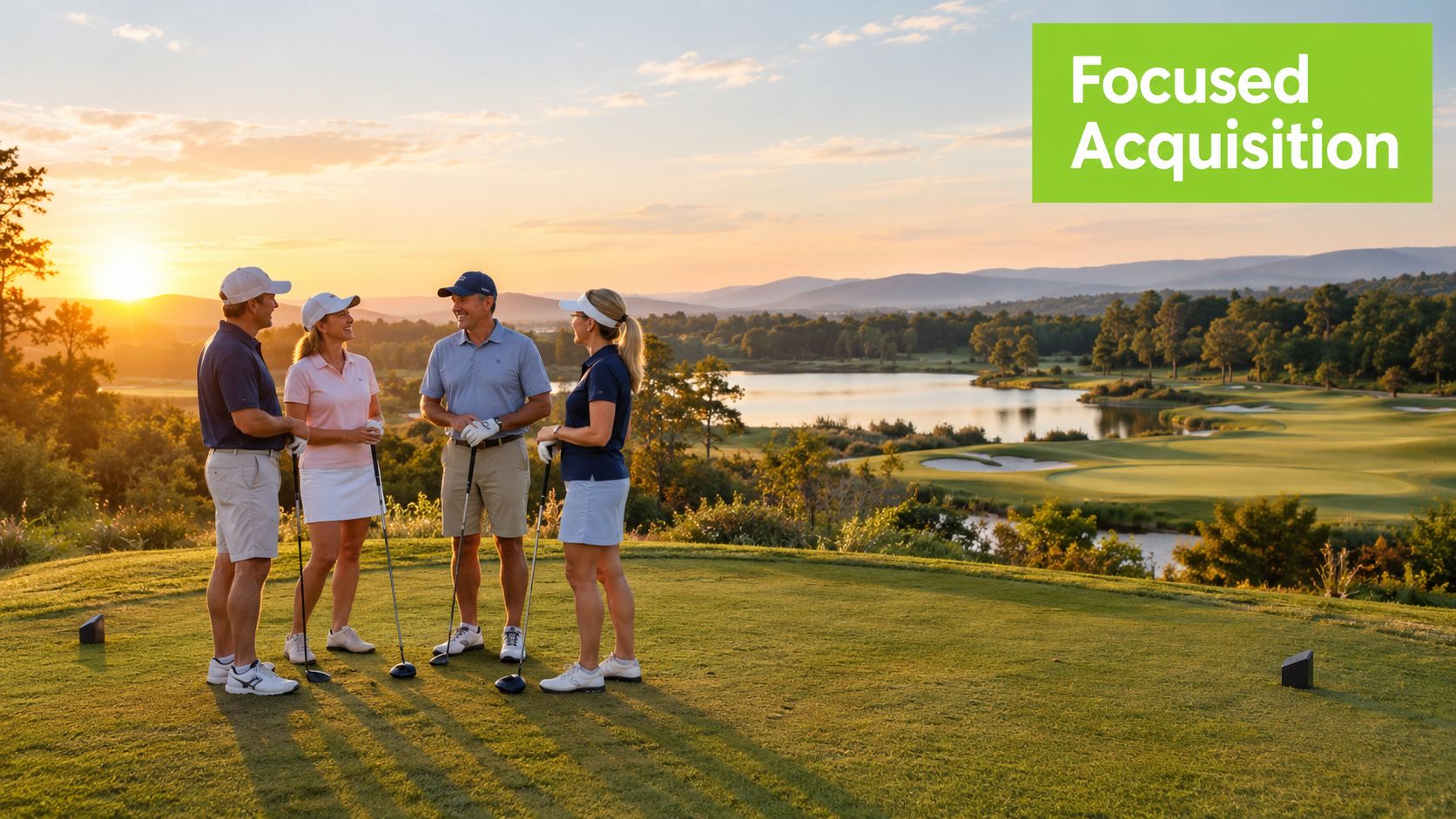 A group of four golfers standing on a scenic golf course at sunset overlooking a lake.