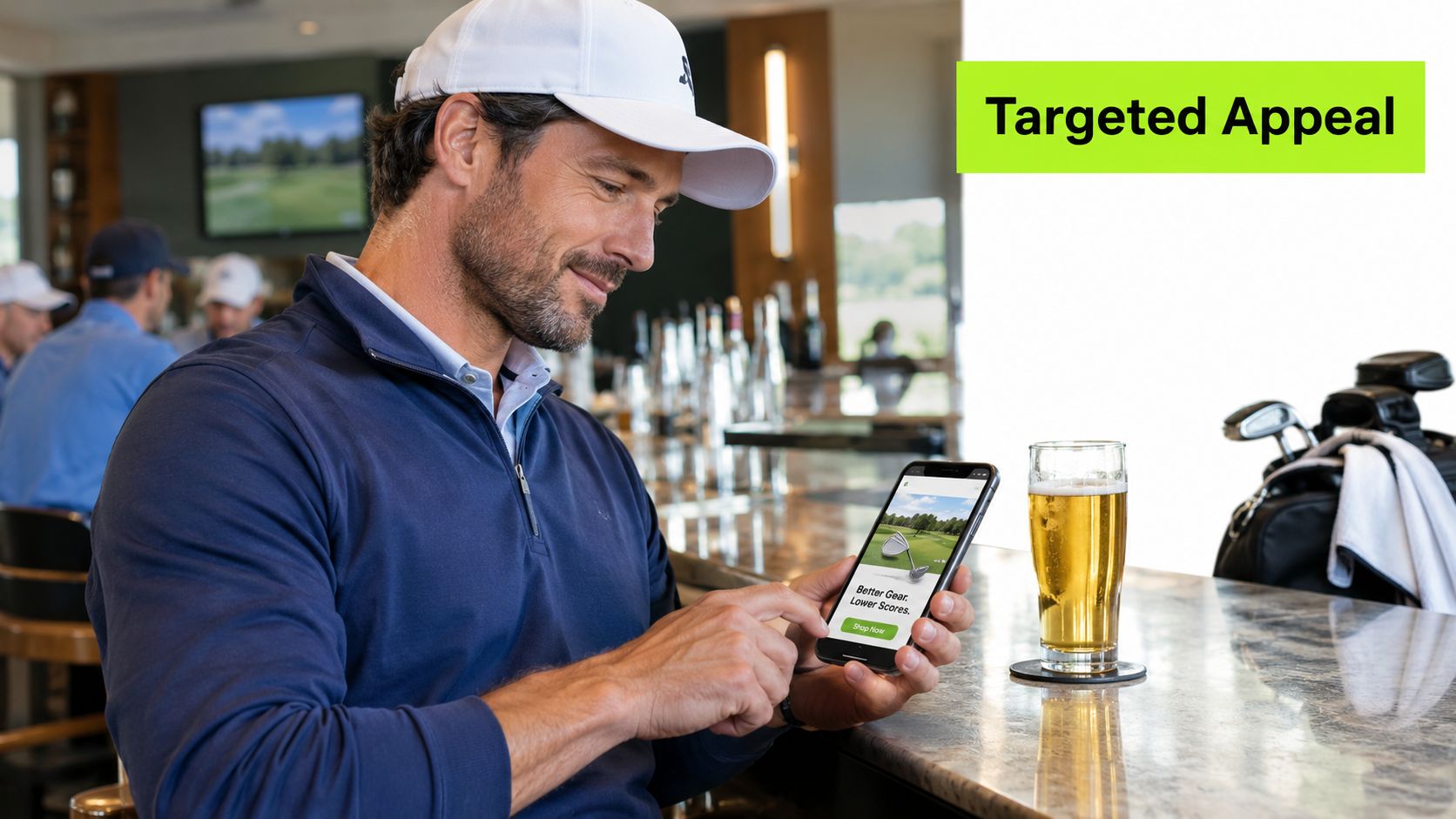A man wearing a golf cap browsing a golf gear website on his phone at a bar.