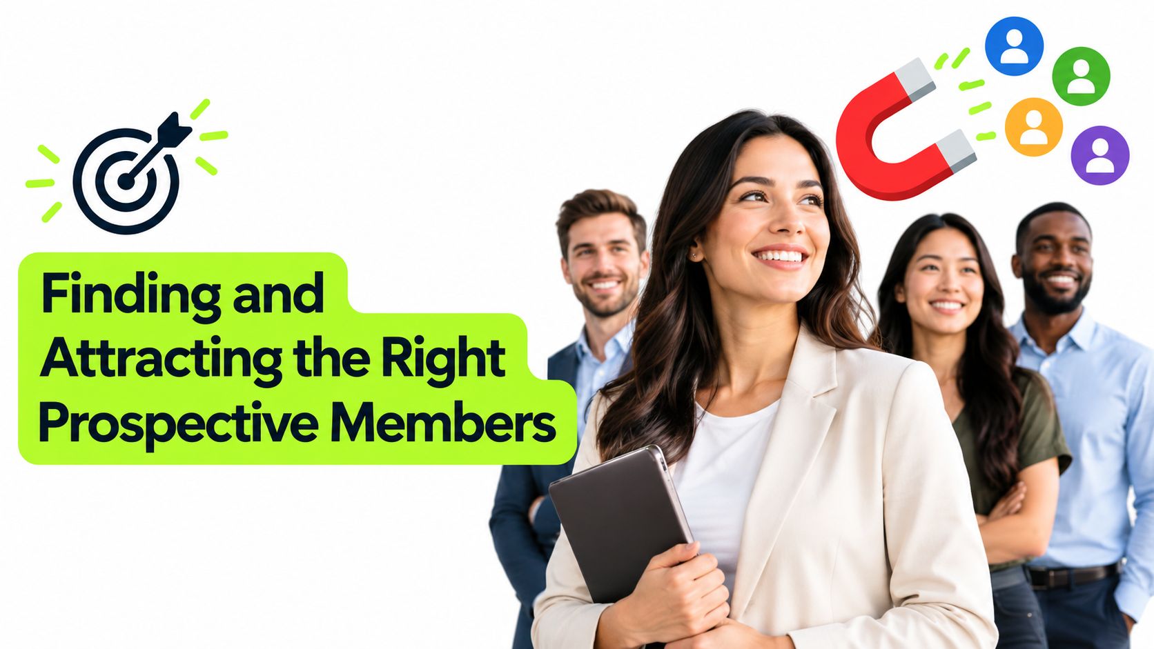 A professional team standing together, illustrating the strategy of finding and attracting new prospective members effectively.
